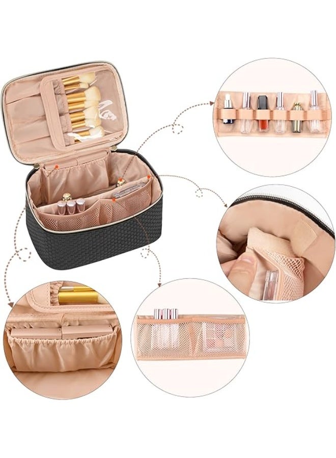 Makeup Bag, Portable Cosmetic Bag, Large Capacity Travel Makeup Case Organizer, Black Makeup Bags For Women Toiletry Bag for Girls Traveling With Handle and Divider - Image 4