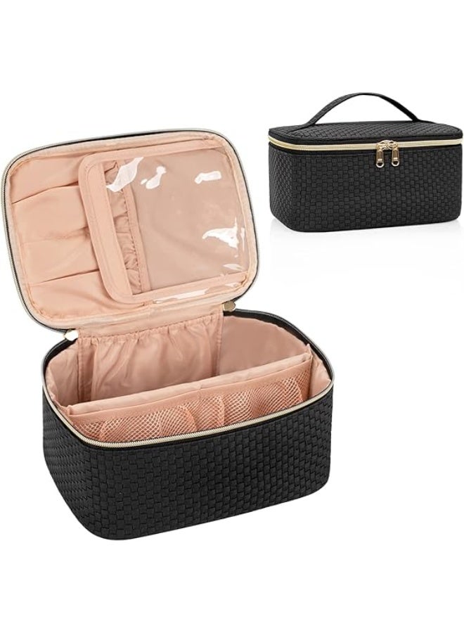 Makeup Bag, Portable Cosmetic Bag, Large Capacity Travel Makeup Case Organizer, Black Makeup Bags For Women Toiletry Bag for Girls Traveling With Handle and Divider - Image 1