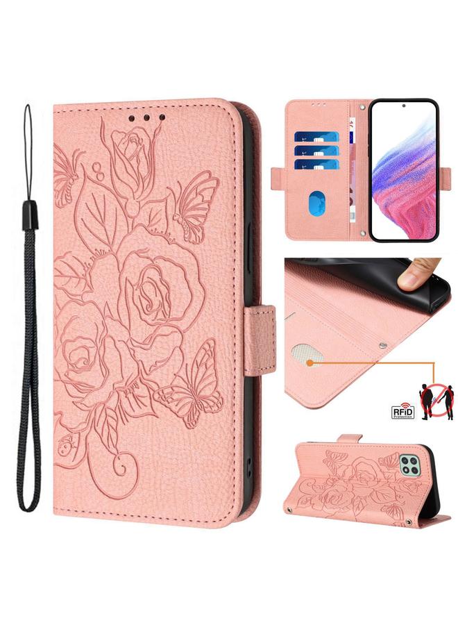 For Samsung Galaxy A22 5G / A22s 5G / F42 Embossed Rose RFID Anti-theft Leather Phone Case(Pink)