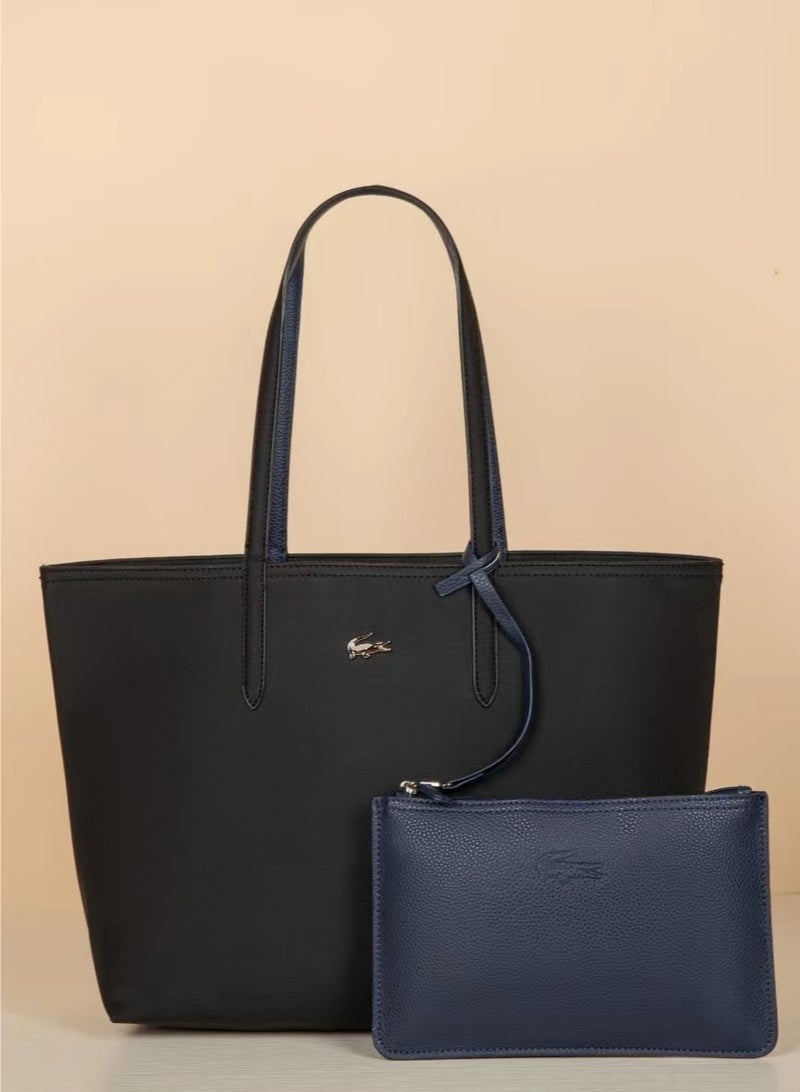 Lacoste Women's Reversible Two-Tone Large Capacity Multi-Functional Handbag Tote Bag | Black & Dark Blue | L35 × H30 × D14 cm - Image 2