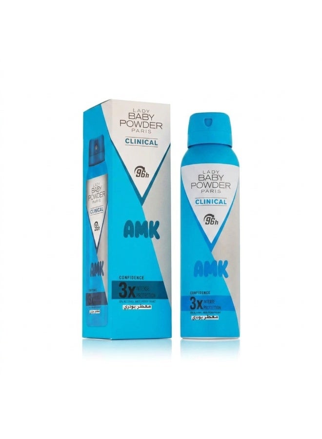 AMK Lady Baby Powder Paris Clinical Anti-Perspirant Spray - 96h Intense Protection Powdery Deodorant (Cyan/Light Blue Edition)