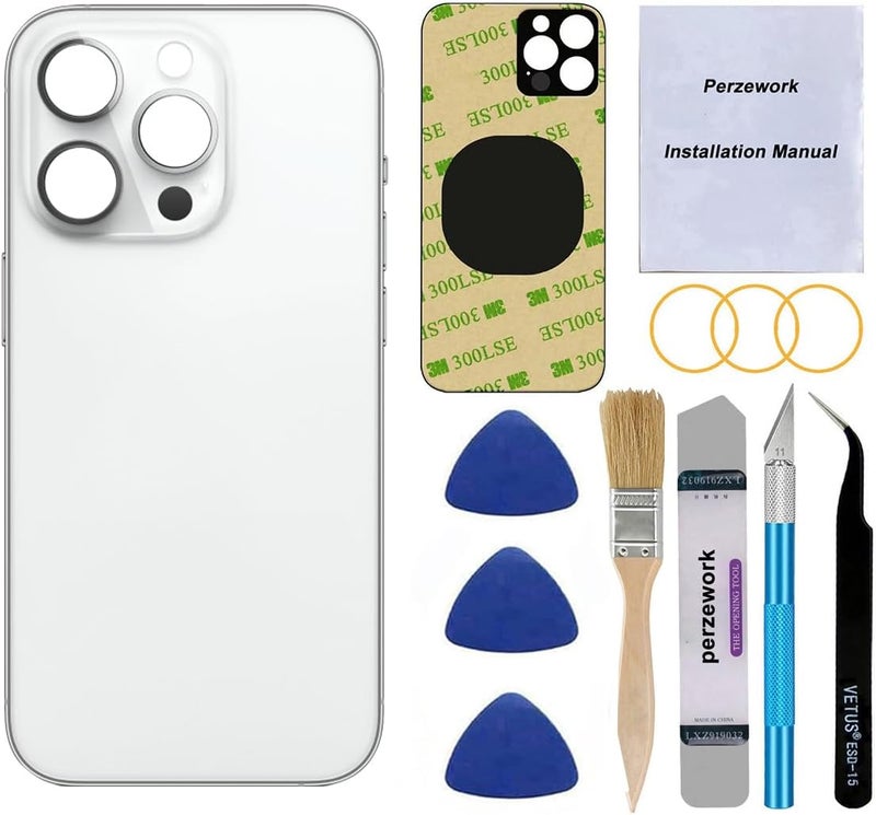 Perzework غطاء زجاجي خلفي بديل OEM لجهاز iPhone 14 Pro بحجم 6.1 بوصة مع مجموعة أدوات الإصلاح ومواد لاصقة مثبتة مسبقًا (فضي) - Image 1