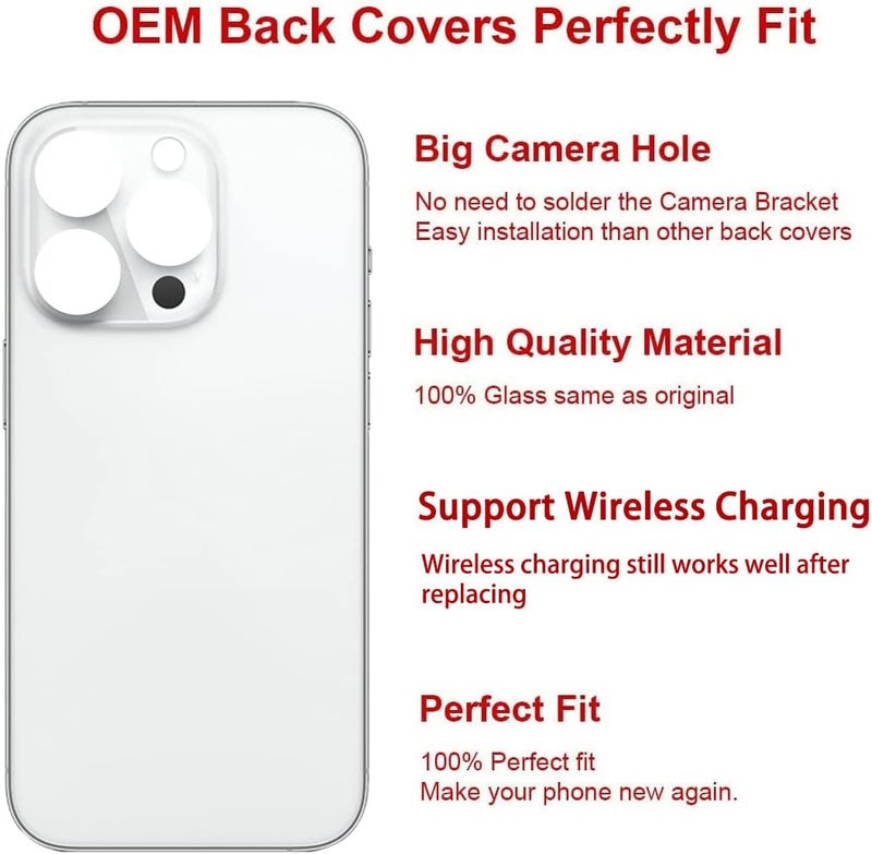 Perzework غطاء زجاجي خلفي بديل OEM لجهاز iPhone 14 Pro بحجم 6.1 بوصة مع مجموعة أدوات الإصلاح ومواد لاصقة مثبتة مسبقًا (فضي) - Image 3