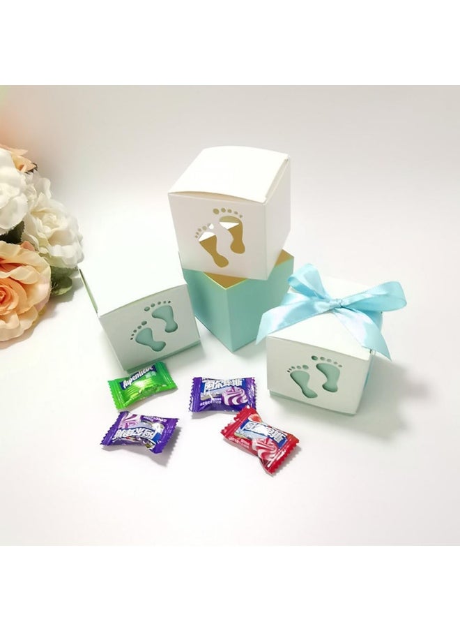 ECVV - 50 Pcs Gift Bags Candy Box 6 * 6 * 6cm Cute Creative Paper Boxes Hollow Design Baby Footprints Baby Showers, Birthday Party Favor, Wedding, Anniversary Supplies with Blue Ribbon - Image 1