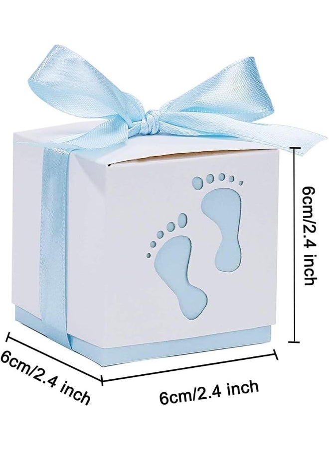 ECVV - 50 Pcs Gift Bags Candy Box 6 * 6 * 6cm Cute Creative Paper Boxes Hollow Design Baby Footprints Baby Showers, Birthday Party Favor, Wedding, Anniversary Supplies with Blue Ribbon - Image 1