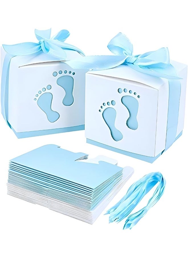 ECVV - 50 Pcs Gift Bags Candy Box 6 * 6 * 6cm Cute Creative Paper Boxes Hollow Design Baby Footprints Baby Showers, Birthday Party Favor, Wedding, Anniversary Supplies with Blue Ribbon - Image 1