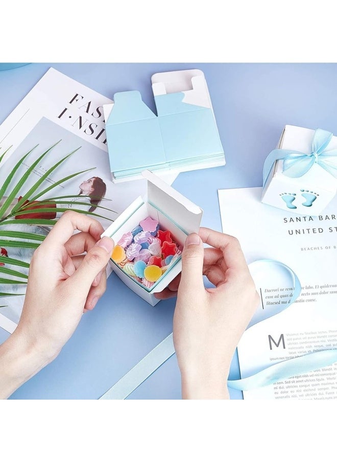 ECVV - 50 Pcs Gift Bags Candy Box 6 * 6 * 6cm Cute Creative Paper Boxes Hollow Design Baby Footprints Baby Showers, Birthday Party Favor, Wedding, Anniversary Supplies with Blue Ribbon - Image 1