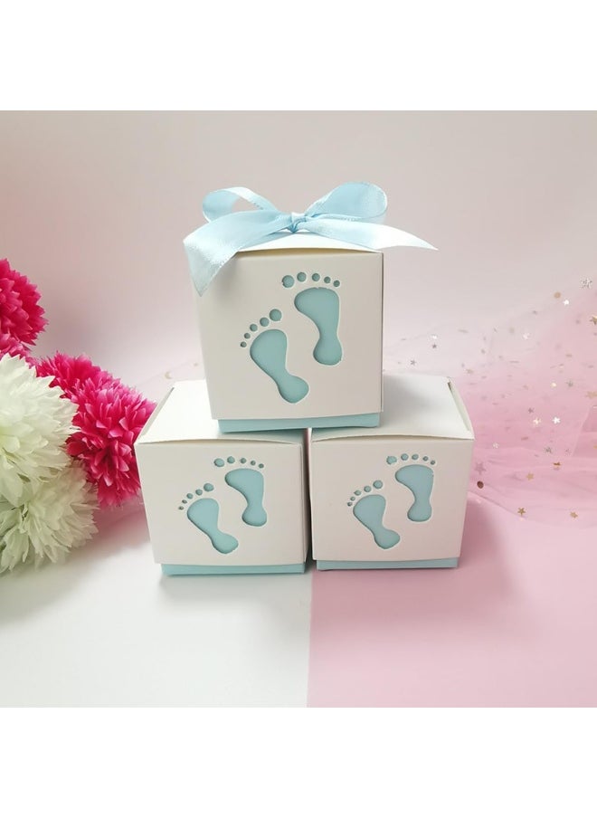 ECVV - 50 Pcs Gift Bags Candy Box 6 * 6 * 6cm Cute Creative Paper Boxes Hollow Design Baby Footprints Baby Showers, Birthday Party Favor, Wedding, Anniversary Supplies with Blue Ribbon - Image 1