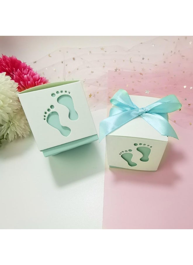 ECVV - 50 Pcs Gift Bags Candy Box 6 * 6 * 6cm Cute Creative Paper Boxes Hollow Design Baby Footprints Baby Showers, Birthday Party Favor, Wedding, Anniversary Supplies with Blue Ribbon - Image 1