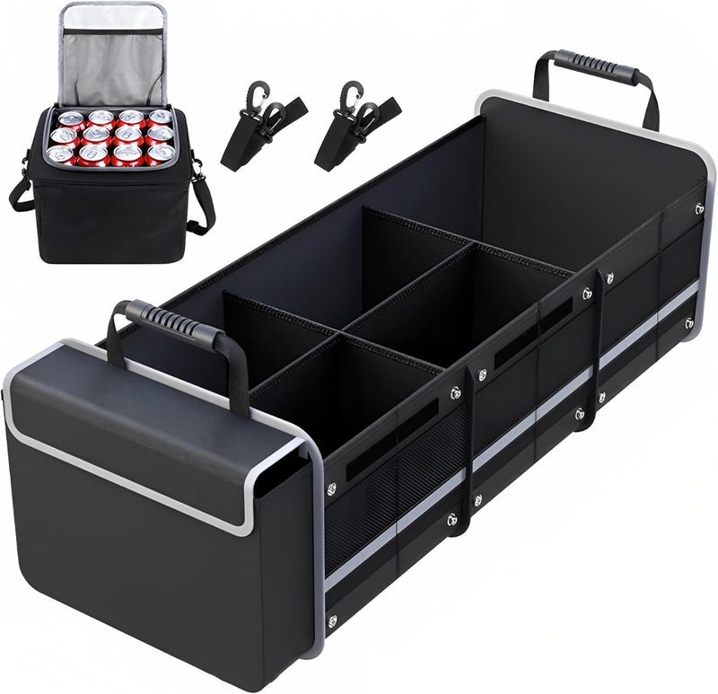 Car Trunk Organizer with Leakproof Cooler Bag - Waterproof/Dust-proof Collapsible Multi-Large Compartment SUV Storage Box (Black) - Image 1