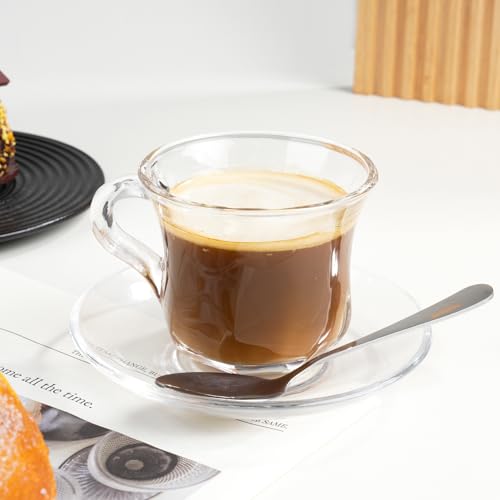 GURUDAR Glass Tea Cups and Saucers Set of 6, Clear Coffee Mugs with Stainless Steel Spoon, Dishwasher & Microwave Safe Teacups for Espresso Cappuccino Latte Tea Juice, 6OZ/180ML - Image 5