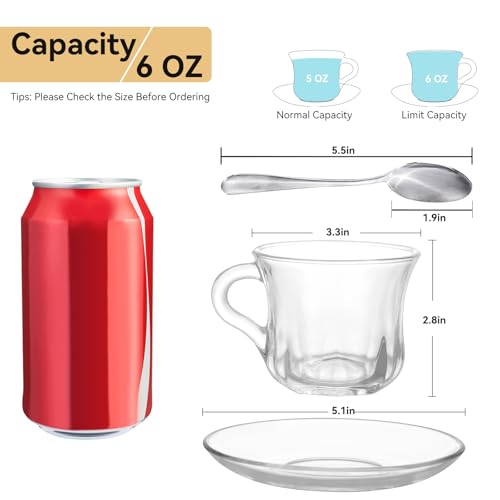 GURUDAR Glass Tea Cups and Saucers Set of 6, Clear Coffee Mugs with Stainless Steel Spoon, Dishwasher & Microwave Safe Teacups for Espresso Cappuccino Latte Tea Juice, 6OZ/180ML - Image 2
