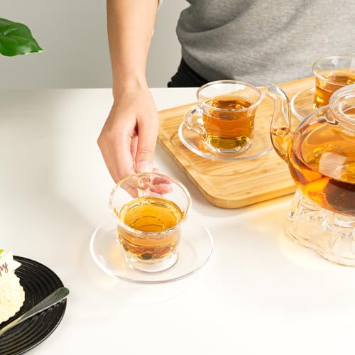 GURUDAR Glass Tea Cups and Saucers Set of 6, Clear Coffee Mugs with Stainless Steel Spoon, Dishwasher & Microwave Safe Teacups for Espresso Cappuccino Latte Tea Juice, 6OZ/180ML - Image 3