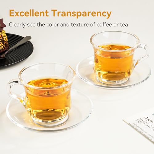 GURUDAR Glass Tea Cups and Saucers Set of 6, Clear Coffee Mugs with Stainless Steel Spoon, Dishwasher & Microwave Safe Teacups for Espresso Cappuccino Latte Tea Juice, 6OZ/180ML - Image 4