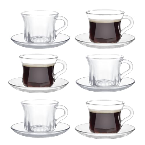 GURUDAR Glass Tea Cups and Saucers Set of 6, Clear Coffee Mugs with Stainless Steel Spoon, Dishwasher & Microwave Safe Teacups for Espresso Cappuccino Latte Tea Juice, 6OZ/180ML - Image 1