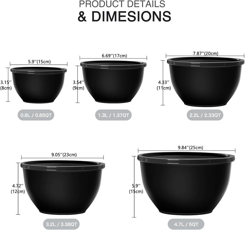 Greentainer 5-Piece Plastic Mixing Bowls with Lids Set for Kitchen, Nesting Bowls for Mixing, Baking, Prepping, Cooking and Serving Food, Black Mixing Bowls Dishwasher, Microwave Safe - Image 2