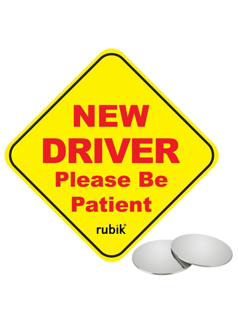 Rubik ملصق علامة السيارة للسائقين الجدد مغناطيسي، سائق جديد يرجى التحلي بالصبر، عاكس عالي قابل للإزالة وإعادة الاستخدام، مع مرآة النقطة العمياء لسائقي السيارات والشاحنات الصغيرة (15x15 سم) أصفر/أحمر - Image 1