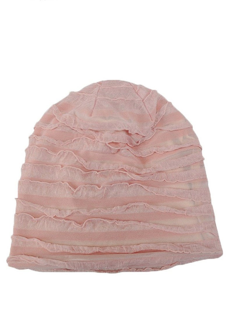 Loquat Infinity Scarf Headwear Cap Multi Layered Pleated Beanie Hat Thickened Plush Pink  - Image 1