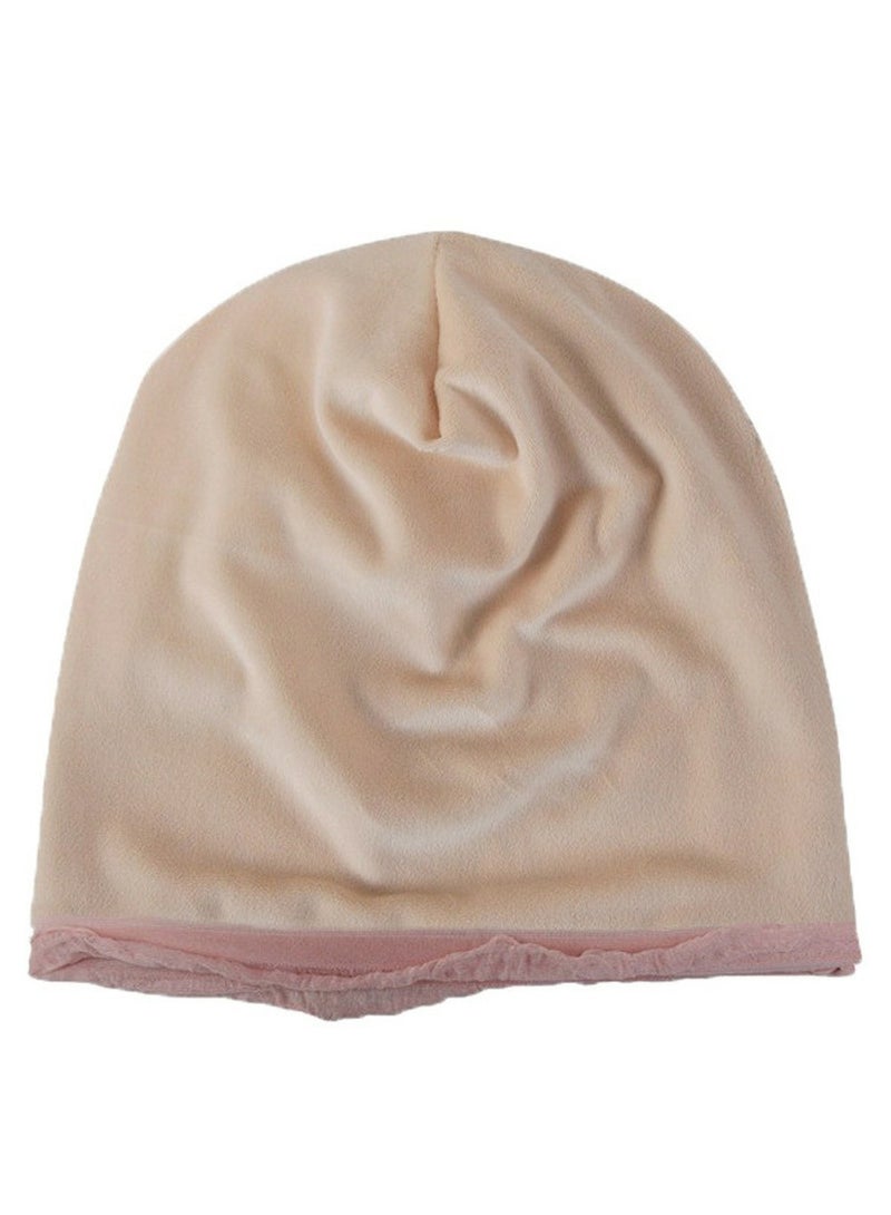Loquat Infinity Scarf Headwear Cap Multi Layered Pleated Beanie Hat Thickened Plush Pink  - Image 2