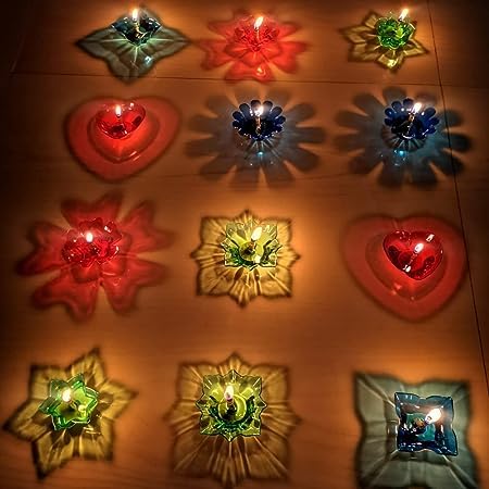 LEMBOSE LEMBOSE 3D Light Reflected Shadow Floating Transparent Diwali Diya Set Lantern Candle Panti Oil Lamps for Diwali Puja Room Decoration Item Gift Plastic Diya Set of 12 Multi Design Shape