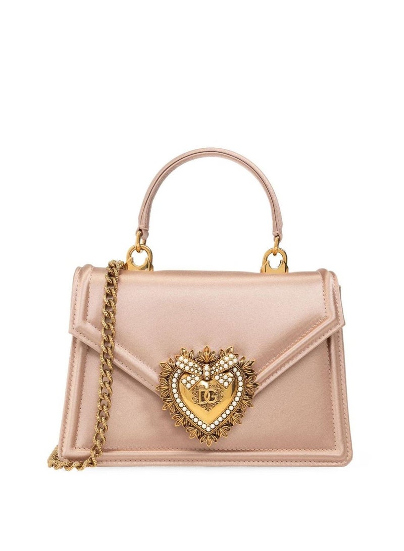 D&G Dolce & Gabbana Devotion Small Pink Satin Bag - Sacred Heart Gold-Embellished Logo, Detachable Chain Strap, Luxury Designer Handbag for Formal & Daily Use (Saudi Edition) - Image 1