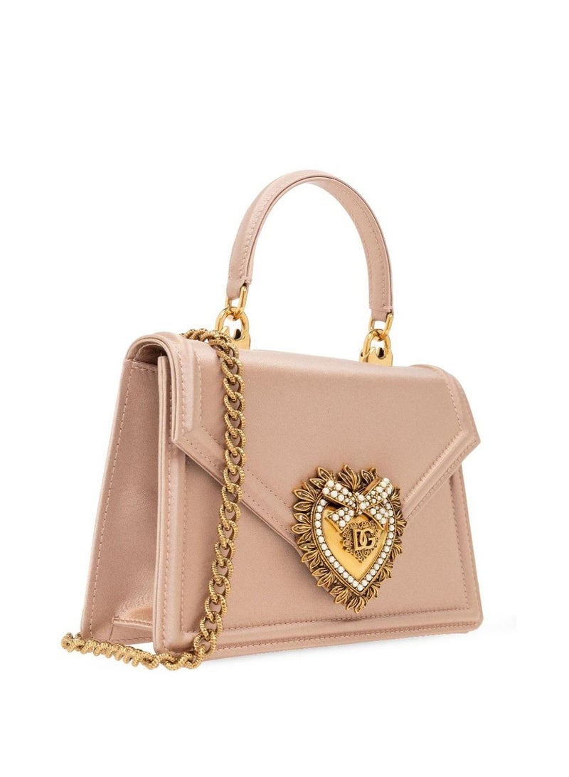 D&G Dolce & Gabbana Devotion Small Pink Satin Bag - Sacred Heart Gold-Embellished Logo, Detachable Chain Strap, Luxury Designer Handbag for Formal & Daily Use (Saudi Edition) - Image 3
