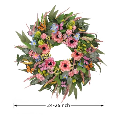 DFRREN 24 Inch Spring Summer Wreath for Front Door Butterfly Wreath Adorned with Eucalyptus Leaves Pink Blooms Butterfly, Year Round Wall Window Porch Home Farmhouse Indoor Outdoor Decor - Image 4