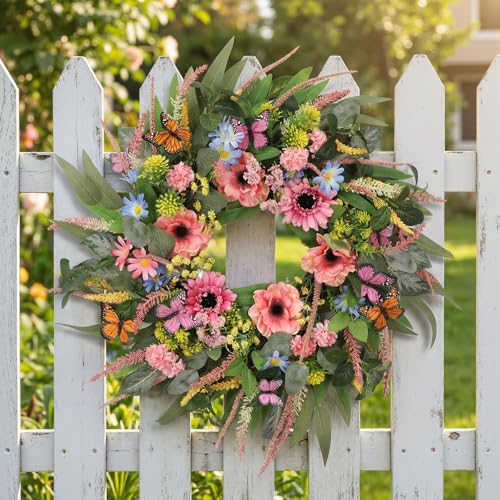 DFRREN 24 Inch Spring Summer Wreath for Front Door Butterfly Wreath Adorned with Eucalyptus Leaves Pink Blooms Butterfly, Year Round Wall Window Porch Home Farmhouse Indoor Outdoor Decor - Image 2