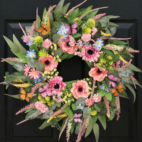 DFRREN 24 Inch Spring Summer Wreath for Front Door Butterfly Wreath Adorned with Eucalyptus Leaves Pink Blooms Butterfly, Year Round Wall Window Porch Home Farmhouse Indoor Outdoor Decor - Image 1
