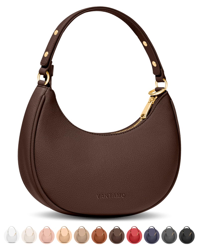 Vantamo Crescent Bags For Women with RFID Protection, Half Moon Clutch Purses for Women with Anti-Theft Clip for Extra Safety, Premium PU Leather Handbags for Work & Going Out, Coffee Brown Purse - Image 1