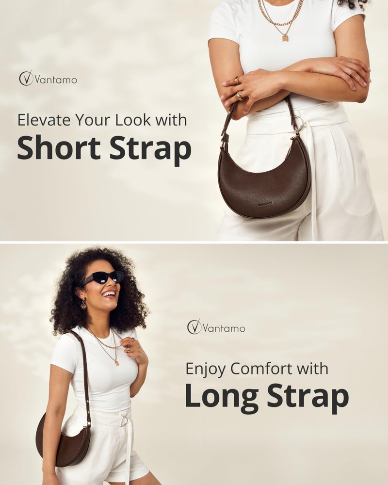 Vantamo Crescent Bags For Women with RFID Protection, Half Moon Clutch Purses for Women with Anti-Theft Clip for Extra Safety, Premium PU Leather Handbags for Work & Going Out, Coffee Brown Purse - Image 3