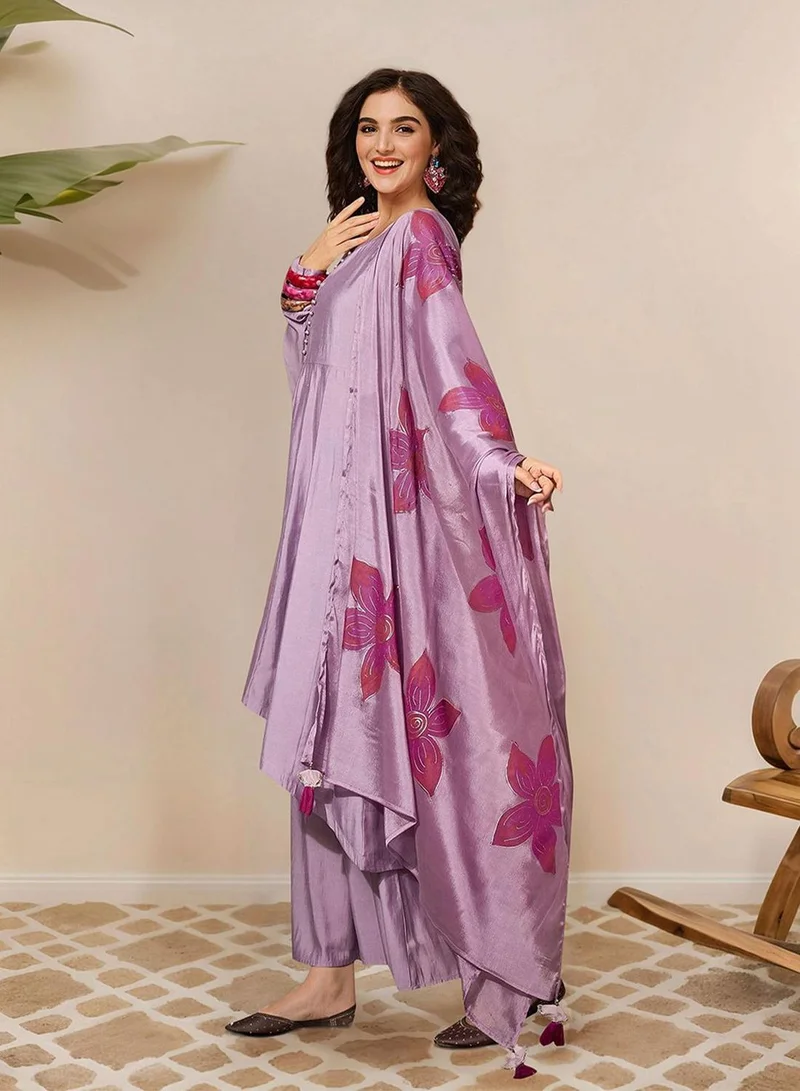 ISHIN Women's Lilac Roman Silk Embellished Tunic Full Length Casual Straight Fit Kurta Set
