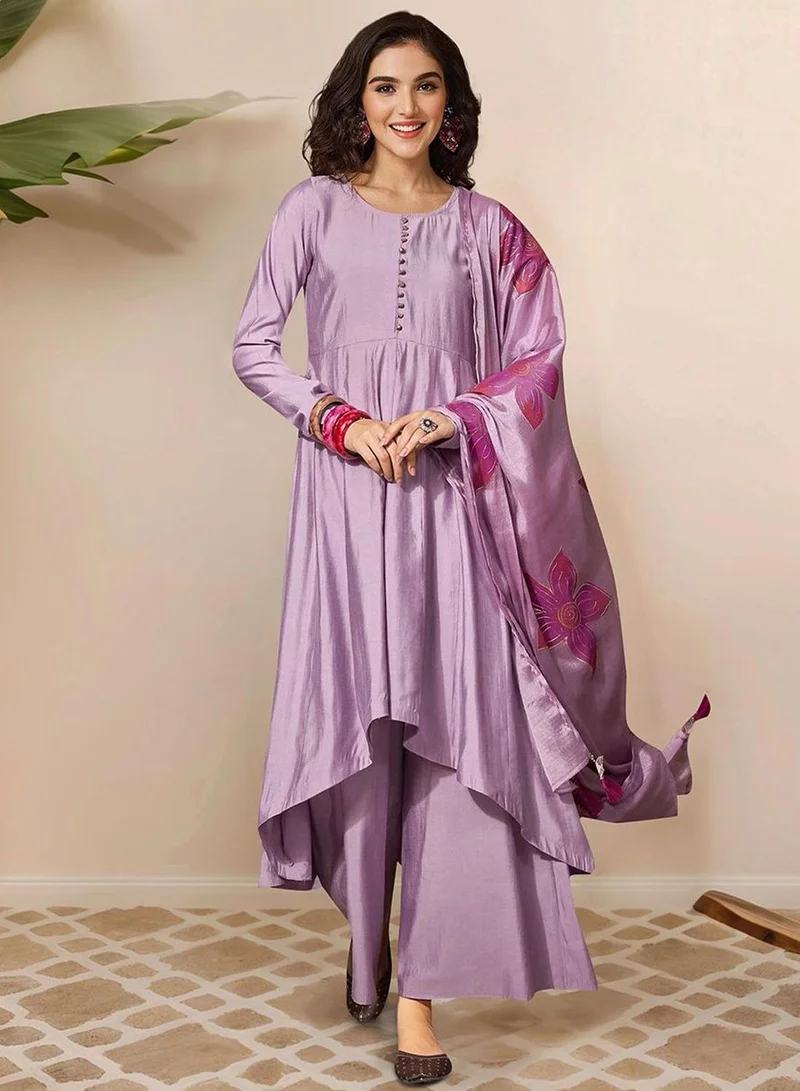 ISHIN Women's Lilac Roman Silk Embellished Tunic Full Length Casual Straight Fit Kurta Set