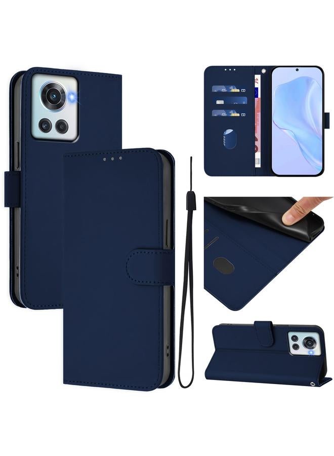 Zaboon For OnePlus 10R / Ace Skin Feel Solid Color Leather Phone Case with Lanyard(Navy Blue)