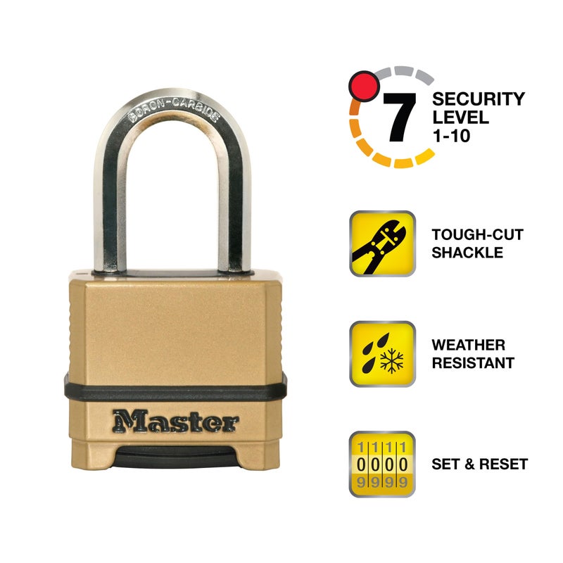 Master Lock Combination Lock, Heavy Duty Weatherproof Padlock, Resettable For Outdoor Use, Brass Finish, M175XDLF - Image 2