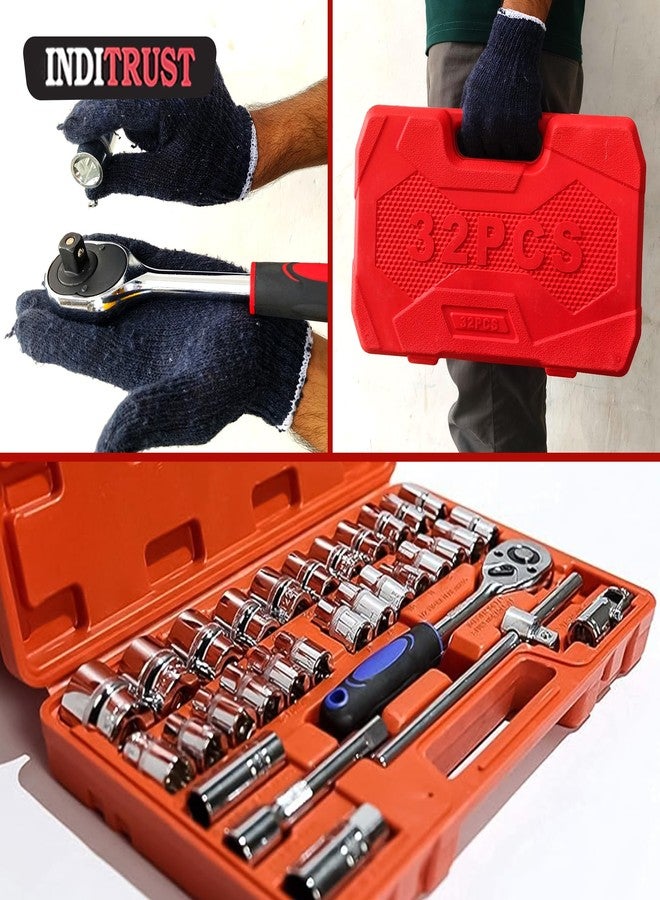 Inditrust 32Pcs 1/2" Drive Ratchet Socket Wrench Spanner Tool Kit | Heavy Duty Combination Socket Set with Carry Box for Car, Bike & Automobile Repair | Professional 32pc Tool Set (Red Box) - Image 5