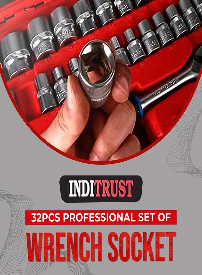 Inditrust 32Pcs 1/2" Drive Ratchet Socket Wrench Spanner Tool Kit | Heavy Duty Combination Socket Set with Carry Box for Car, Bike & Automobile Repair | Professional 32pc Tool Set (Red Box) - Image 2