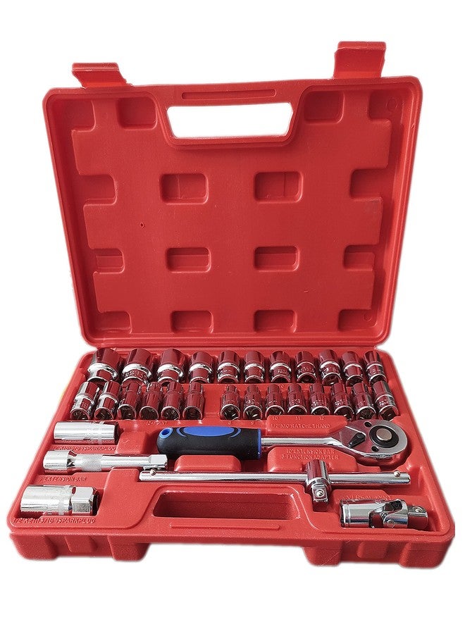 Inditrust 32Pcs 1/2" Drive Ratchet Socket Wrench Spanner Tool Kit | Heavy Duty Combination Socket Set with Carry Box for Car, Bike & Automobile Repair | Professional 32pc Tool Set (Red Box) - Image 1