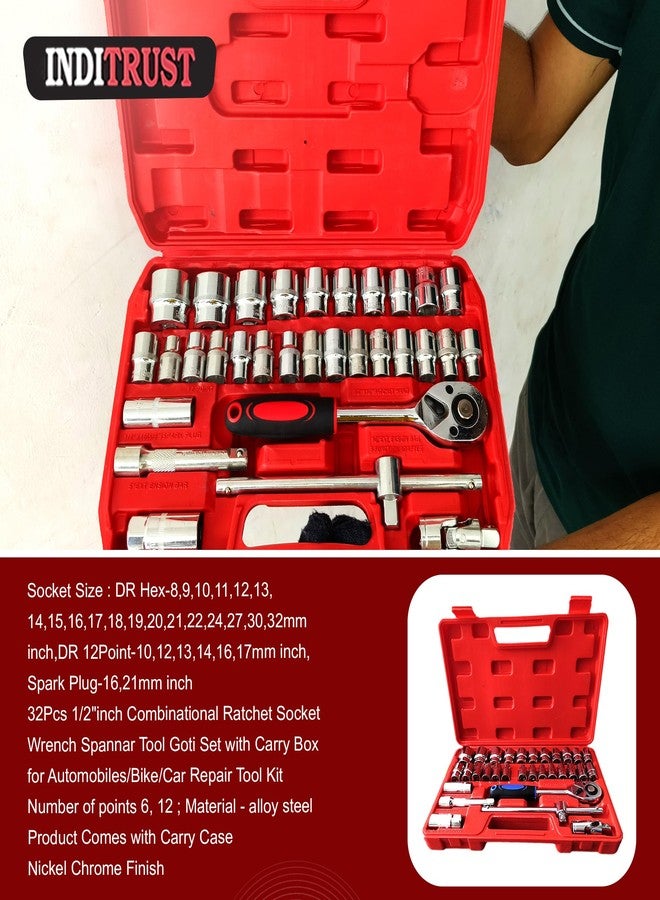 Inditrust 32Pcs 1/2" Drive Ratchet Socket Wrench Spanner Tool Kit | Heavy Duty Combination Socket Set with Carry Box for Car, Bike & Automobile Repair | Professional 32pc Tool Set (Red Box) - Image 4