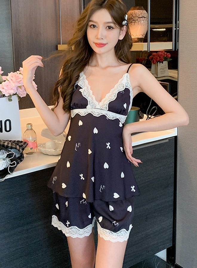 Loquat Women's Lace Stitching Printed 2-Piece Set Nightgown Sleepwear Camisole Top And Shorts Soft Loungewear Pajamas Suit Navy Blue/White  - Image 1