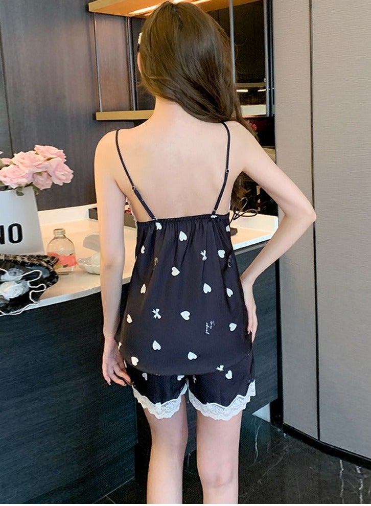 Loquat Women's Lace Stitching Printed 2-Piece Set Nightgown Sleepwear Camisole Top And Shorts Soft Loungewear Pajamas Suit Navy Blue/White  - Image 2