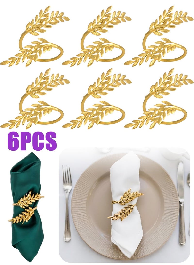 6Pcs Napkin Rings Metal Gold Napkin Rings, Wheat Ear Shape Napkin Holder for Party, Family Dinner Wedding, Table Decorations (Gold) - Image 1