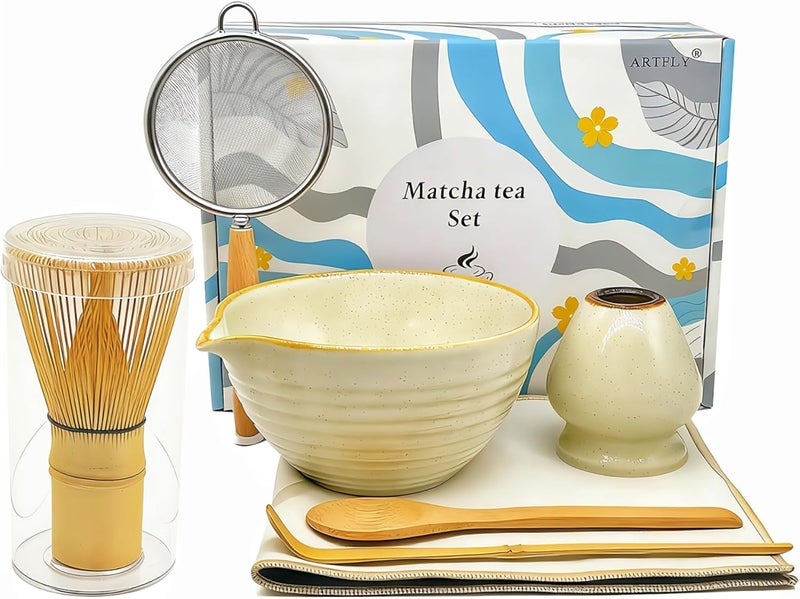 ARTFLY Matcha Whisk Set 7 Pcs, Japanese Matcha Making Kit with Ceramic Chawan Bowl, Bamboo Chasen Whisk, Scoop, Sifter & Holder - Complete Starter Kit for Beginners, Christmas Thanksgiving Gift Idea - Image 1