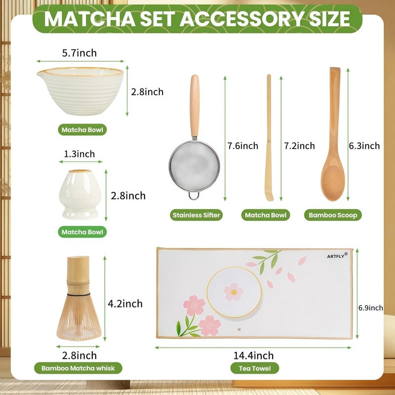 ARTFLY Matcha Whisk Set 7 Pcs, Japanese Matcha Making Kit with Ceramic Chawan Bowl, Bamboo Chasen Whisk, Scoop, Sifter & Holder - Complete Starter Kit for Beginners, Christmas Thanksgiving Gift Idea - Image 3