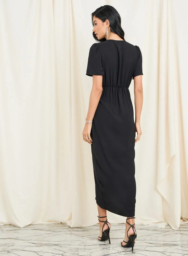 Styli Pleated Detail Asymmetric Hem Bodycon Midi Dress