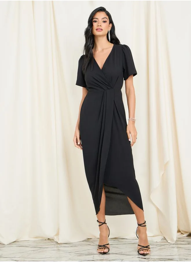Styli Pleated Detail Asymmetric Hem Bodycon Midi Dress