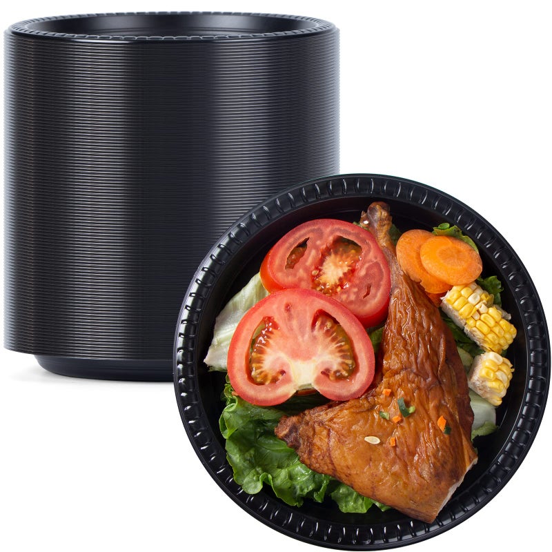 YANGRUI Reusable Plastic Plates  9 Inch 150 Pack Food Grade Material BPA Free MFPP Black Dinner Trays - Image 1