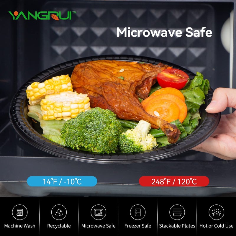 YANGRUI Reusable Plastic Plates  9 Inch 150 Pack Food Grade Material BPA Free MFPP Black Dinner Trays - Image 2