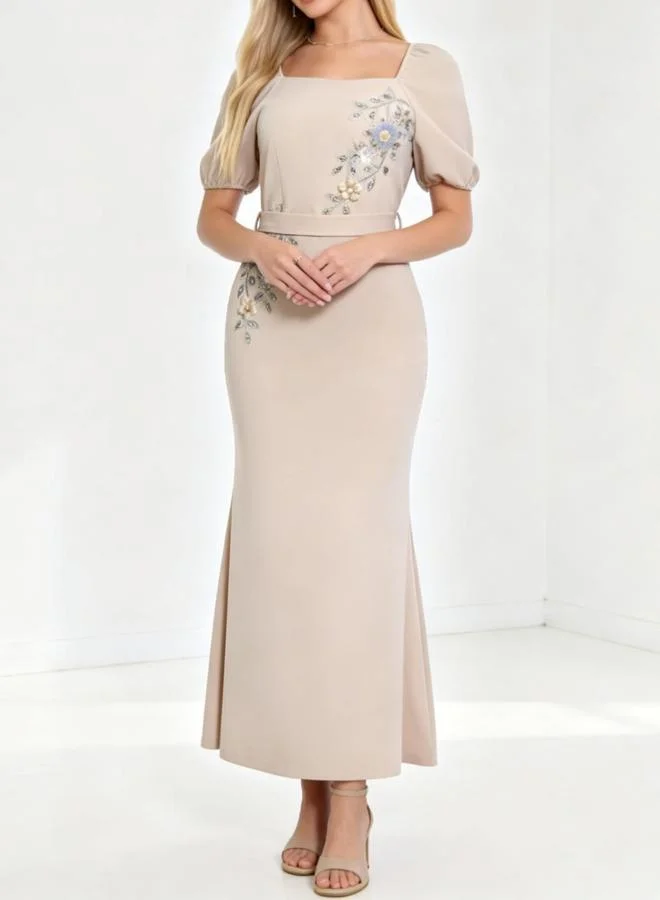 Take Two Beige Embellished Puff Sleeve Maxi Dress