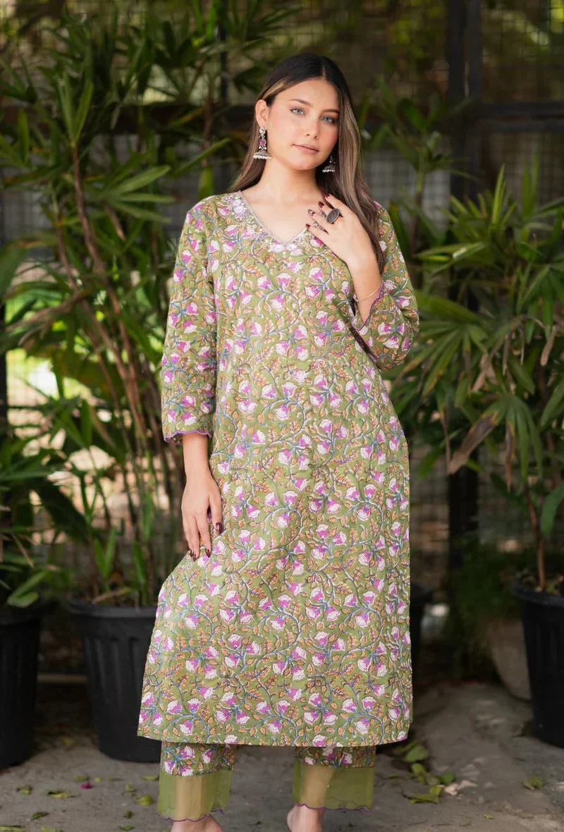 ZERESOUQ Green Pure Cotton Handblock 2-Piece Kurta Set